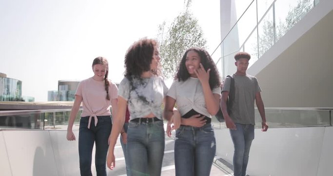 Group of teenagers walking through city