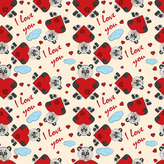 Fototapeta na wymiar contour color seamless childrens illustration little Panda hugs heart with I love you drawn on a notebook in the box