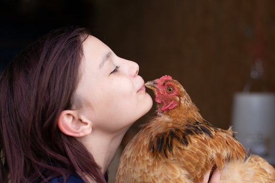 Girl getting kissed by a chicken