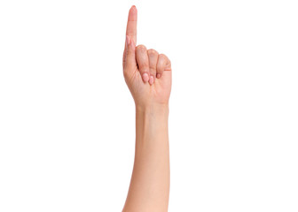 Female hand showing 1 finger gesture, isolated on white background. Beautiful hand of woman with copy space. Hand doing gesture of number One. Series of photos count from 1 to 5.