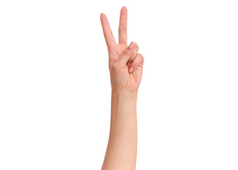Female hand showing 2 fingers or Victory gesture, isolated on white background. Beautiful hand of woman with copy space. Hand doing gesture of number Two. Series of photos count from 1 to 5.