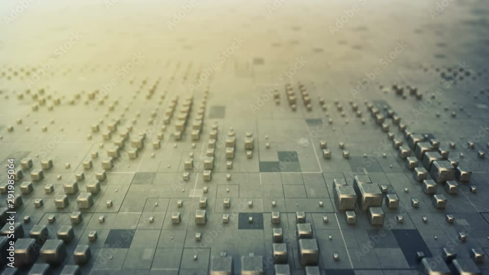 Poster metallic cubes on grunge surface. seamless loop dolly shot. 3d render smooth animation 4k uhd 3840x2