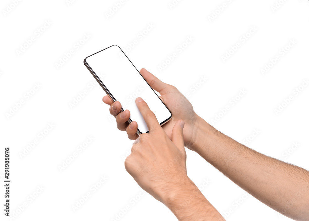 Poster male hands using smartphone with blank screen on white background