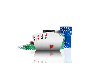 Close-up photo of four aces and colorful chips in piles standing behind, isolated on white background. Gambling entertainment.