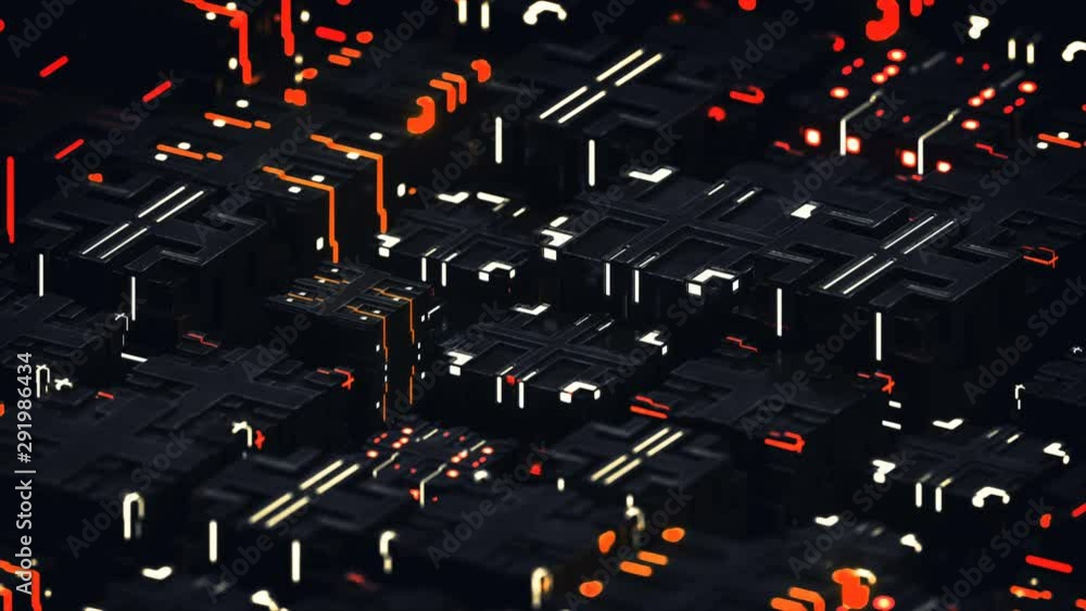 Aufkleber metallic cubes and glowing lights. futuristic technology or sci-fi concept. seamless loop 3d render 