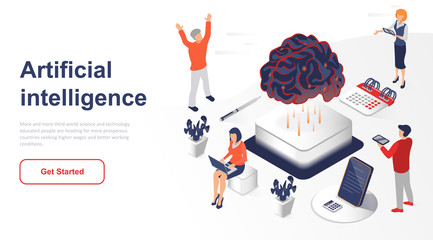 Isometric landing page artificial intelligence flat concept. Robot and computer network for website or homepage. Isometric vector illustration template.