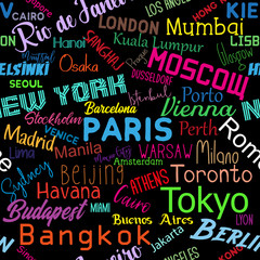  Cities of the world- colorful text seamless pattern texture. Perfect for textile, wallpaper, wrapping paper, book cover vector design.