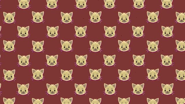 Animation of a cute cat's face (repeated pattern), floating towards the upper left angle of the screen, over a brown-red background.
