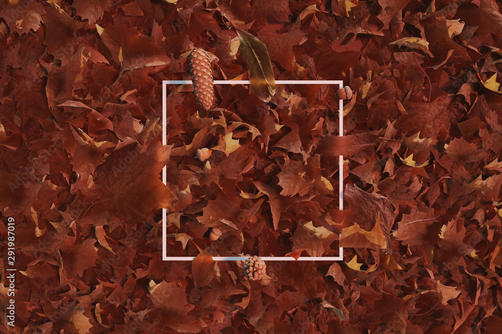 Poster 3d rendering of white square with autumn leaves. flat lay of minimal nature style concept