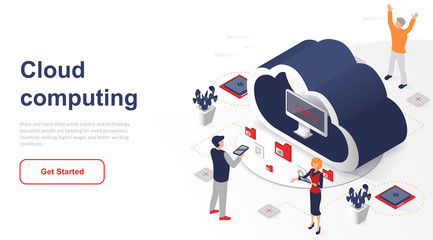 Isometric landing page cloud computing or technology flat concept. Digital service for storing data on mobile and computer devices for website or homepage. Isometric vector illustration template.