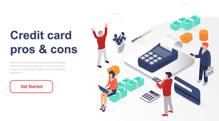 Isometric landing page ATM machine or credit card flat concept. ATM machine for website or homepage. Isometric vector illustration template.