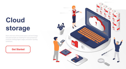 Isometric landing page cloud storage or technology flat concept. Digital data service on mobile and computer devices for website or homepage. Isometric vector illustration template.