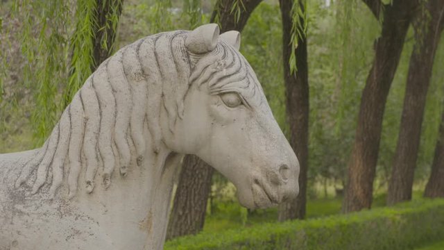 A daylight extreme closeup shot of the head of a horse sculpture ornamentation carved from stone and placed in a public park near the Ming Tombs..