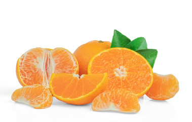 Orange half and slice with leaf isolated on white background with clipping path