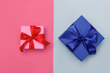 Multi-colored gift boxes with bow. Flatlay