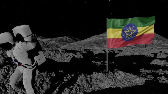 astronaut planting Ethiopia flag on the moon.