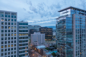 San Jose, California, USA - March, 19, 2019: Aerial view on Downtown City center during the sunrise morning  time.