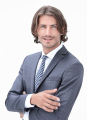 Business man with crossed arms smiling white background.