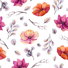 Seamless Pattern of Watercolor Autumn Flowers and Tree Branches