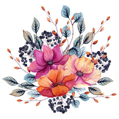 Obrazy  Akwarela jesienna kompozycja kwiatowa z różowymi i czerwonymi kwiatami
