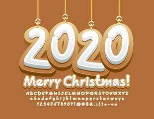 Vector sweet grerting card Merry Christmas 2020 with creative Font. Gingerbread cookie Alphabet Letters, Numbers and Symbols