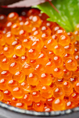 Ikura (salmon roe, red caviar, salmon caviar) in lighting studio .