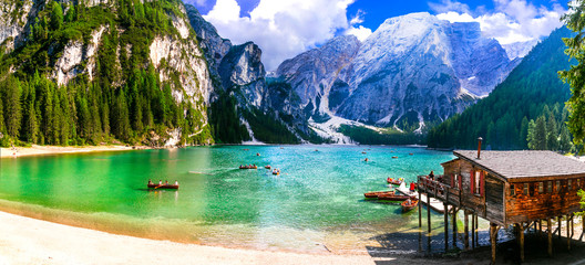Breathtaking Alpine scenery, Dolomite mountains. beautiful lake Lago di Braies. northen Italy