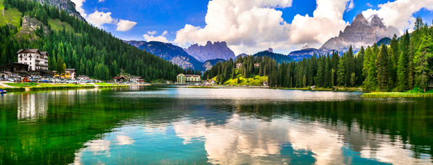 Beautiful mountain lake Lago di Misurina in Dolomites Alps, northen Italy
