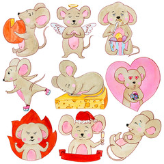 watercolor drawing cute, beige mice with emotions