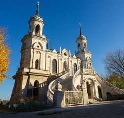 Fototapeta na wymiar Orthodox church of the 18th century. General view of the temple. Pseudo-Gothic style of architecture. Blue sky background.