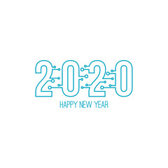 Happy new year 2020 text design with high tech circuit board texture. Vector illustration.