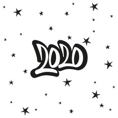 Greeting card design template with star and calligraphy for 2020 happy new year. Black number 2020 hand drawn lettering.