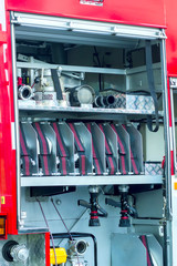 Details of rescue and firefighting truck equipment    Fire and rescue equipment in fire engine.