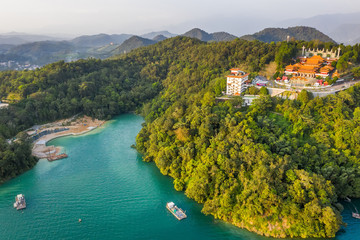 aerial view of Sun Moon Lake with Wen Wu temple