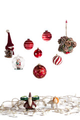 Christmas ornaments, with christmas balls, Santa Claus and cute little angel - white background
