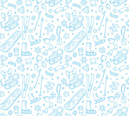 Winter seamless pattern with snowboard, skate, ski doodle elements