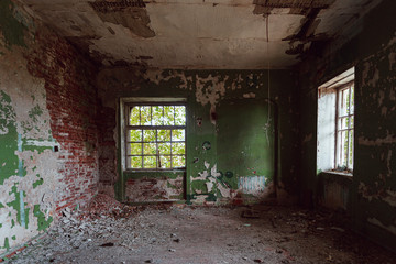 Interior of messy dirty room at old abandoned building