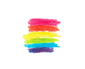 LGBT symbol .Rainbow drawn with wax crayons.Red, orange, yellow, green, blue, purple textured bands. Set of color grunge brushes. Gay pride LGBT flag.