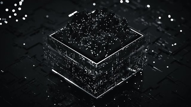 Spectral data analysis. Spectrum meter processing digital stream. Seamless loop 3D render animation with DOF