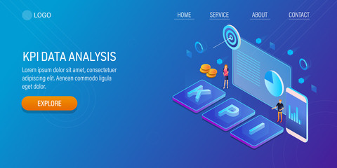 Business team analyzing kpi data, metrics to measure business success, marketing campaign, 3d isometric design concept with character. Web banner template.