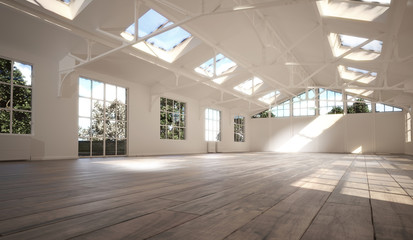 Interior wide loft, beams and wooden floor. 3d render