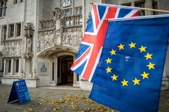 EU And UK Flags Hanging At The Supreme Court Of The United Kingdom, Which Focuses On Cases That Are Of Importance To The General Public, Like The Brexit Ruling, In London, UK