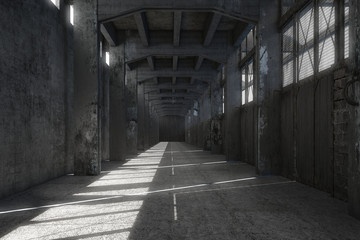 Discarded factory corridor with sunlight. 3d render