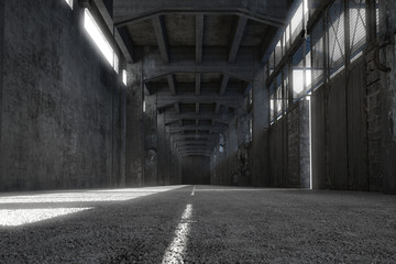 Discarded factory corridor with sunlight. 3d render