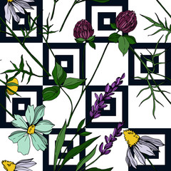 Vector wildflower floral botanical flowers. Black and white engraved ink art. Seamless background pattern.