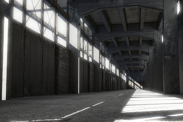 Discarded factory corridor with sunlight. 3d render