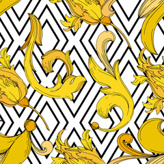 Vector Golden monogram floral ornament. Black and white engraved ink art. Seamless background pattern.