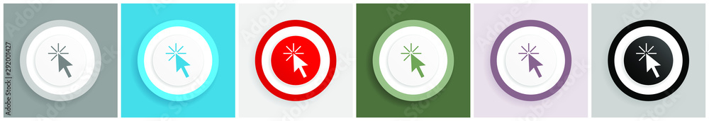 Poster click here icon set, colorful flat design vector illustrations in 6 options for web design and mobil