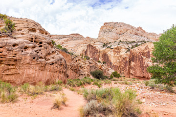 Fototapeta premium Red rock formations landscape view near grand wash parking area in summer in Capitol Reef National Monument in Utah
