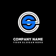 Initial lowercase letter ES, linked circle outline logo elegant, color white, blue on black background